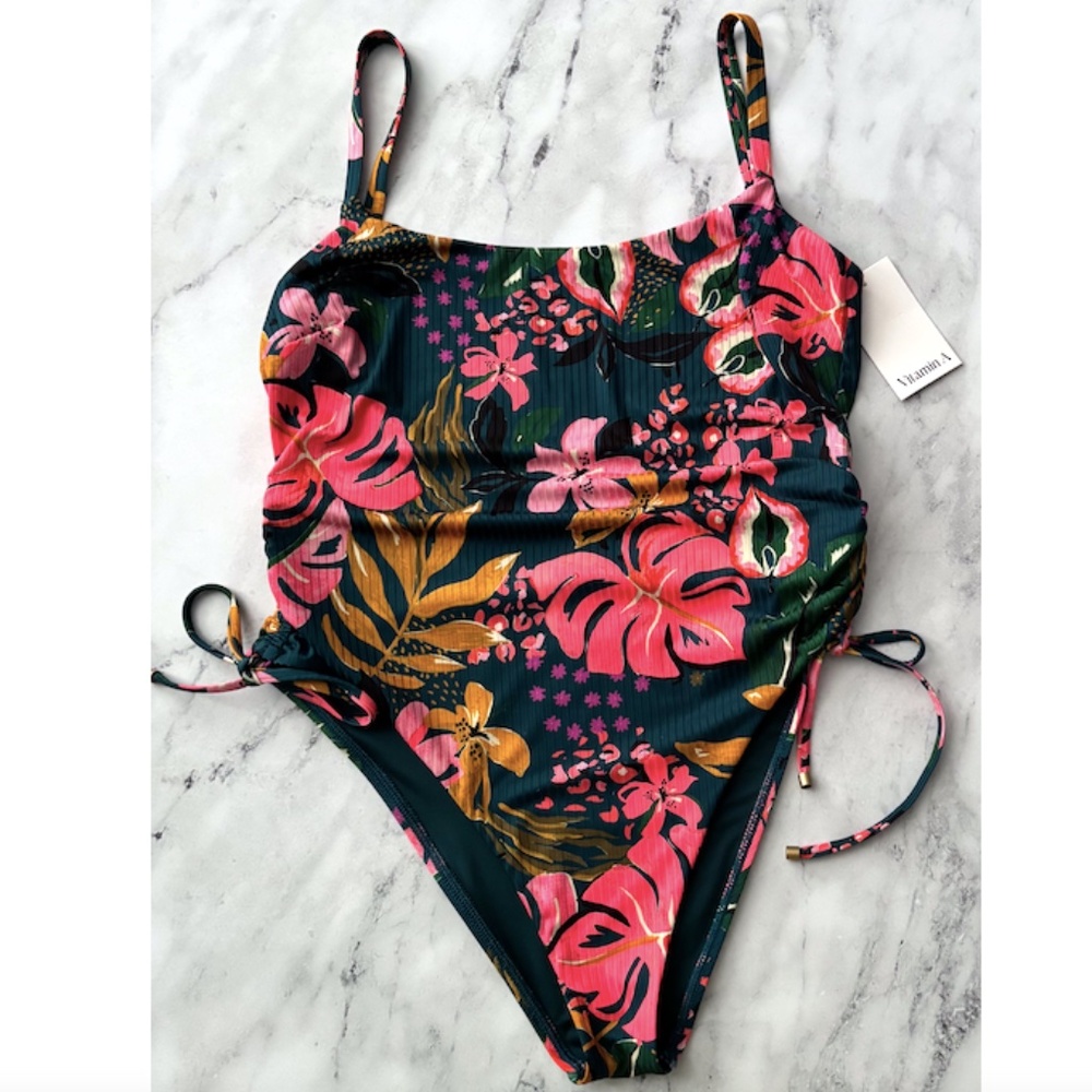 Vitamin A Teal Floral One-Piece Swimsuit with Pink & Gold Print